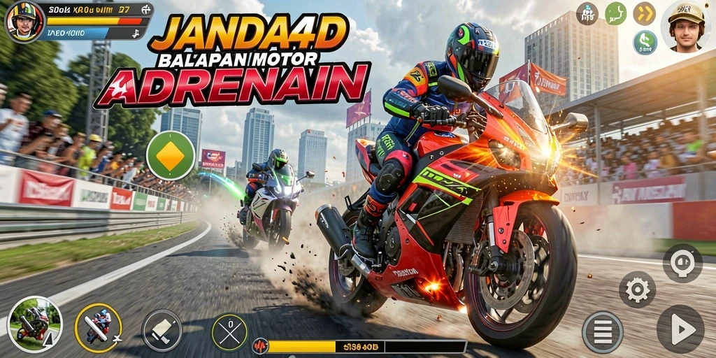Screenshot gameplay JANDA4D menampilkan aksi balapan motor yang mendebarkan.