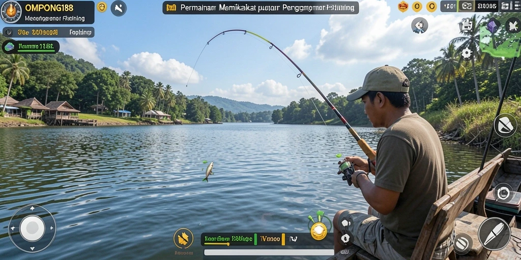 Tampilan gameplay OMPONG188 menunjukkan momen seru saat memancing.