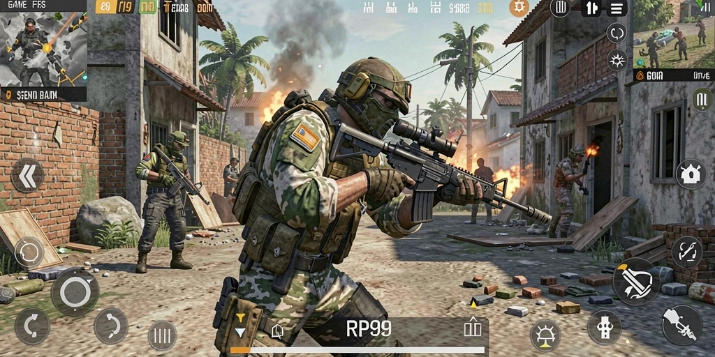 Tangkapan layar gameplay <strong>RP99</strong> yang menunjukkan aksi menembak intens.