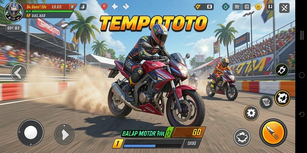 Gameplay seru TEMPOTOTO dengan aksi balap motor yang mendebarkan.