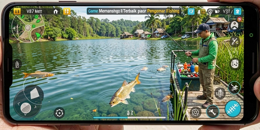 Screenshot utama V87 menampilkan gameplay memancing yang seru dan interaktif.